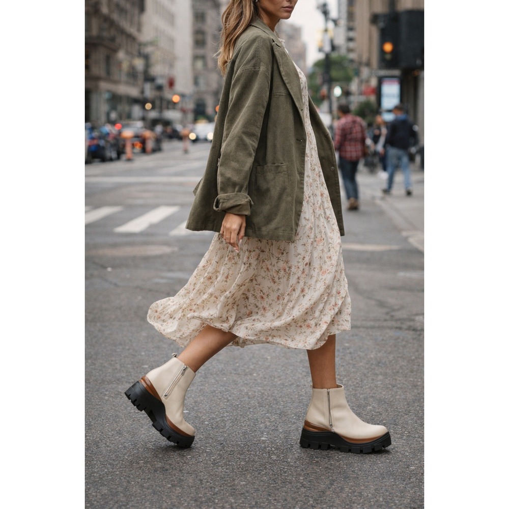 Alohas Sapphire Nutty Cream Leather Ankle Boots Chunky Platform Women's 38
